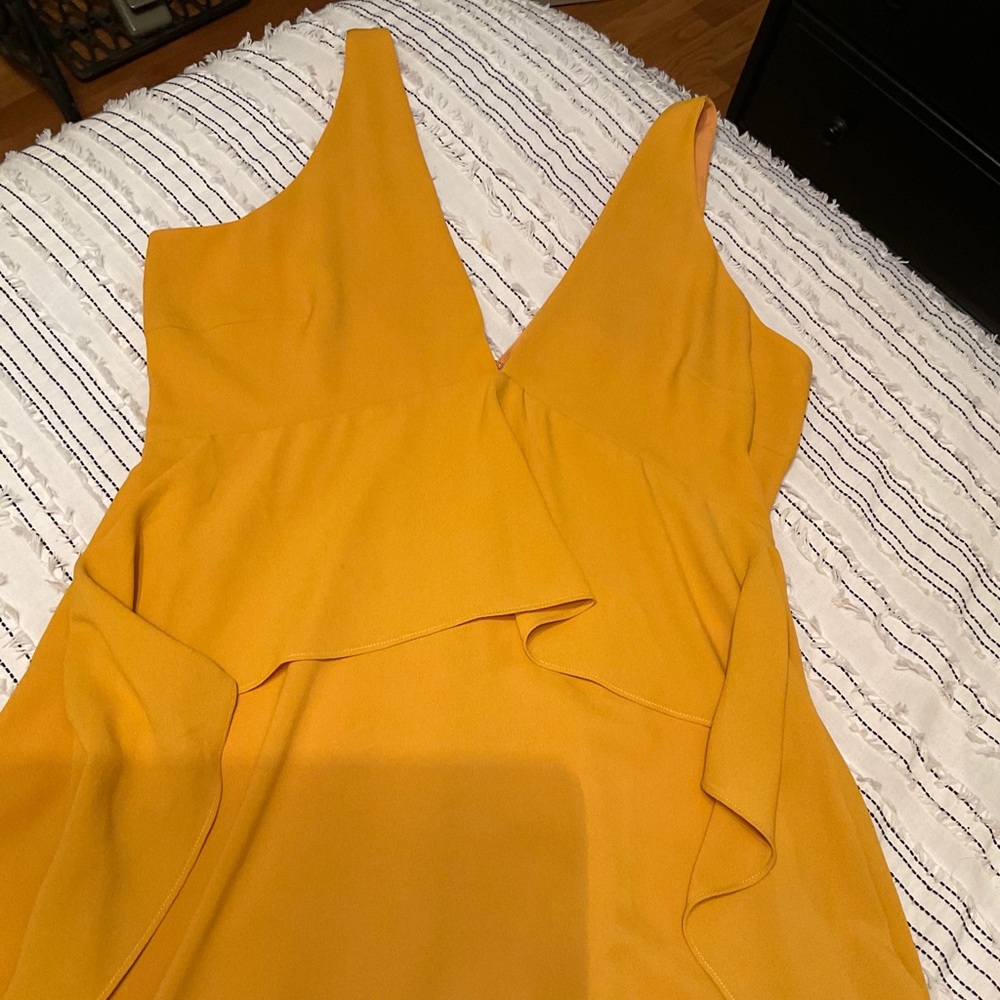 Mustard Asymmetrical empire waist midi dress